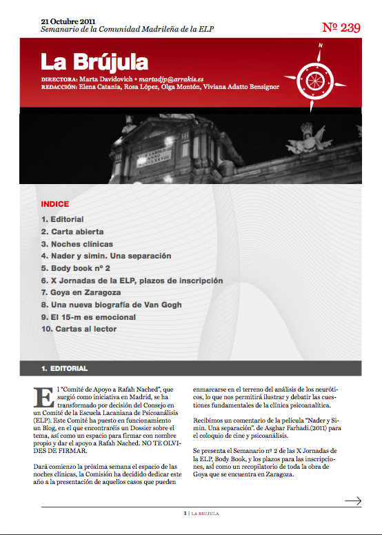 Portada de La Brújula, Revista Digital de la Escuela Lacaniana de Psicoanálisis ELP Comunidad de Madrid