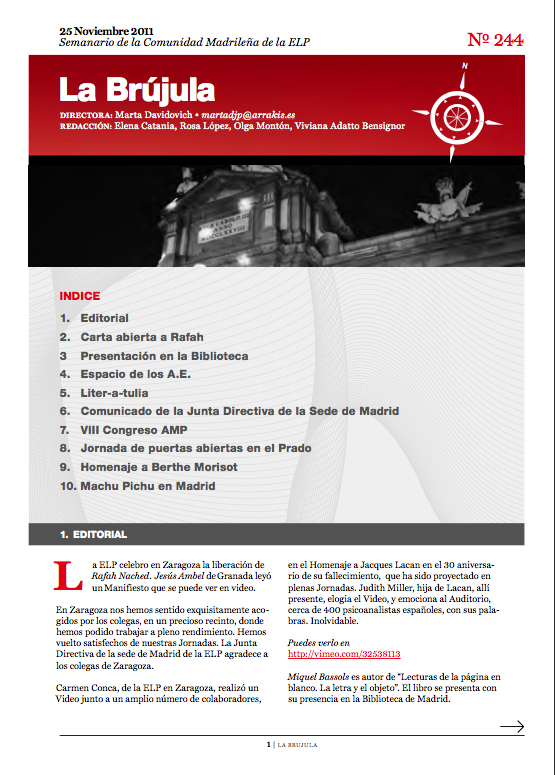 Portada de La Brújula, Revista Digital de la Escuela Lacaniana de Psicoanálisis ELP Comunidad de Madrid