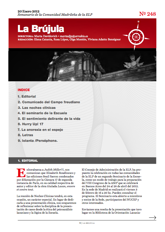 Portada de La Brújula, Revista Digital de la Escuela Lacaniana de Psicoanálisis ELP Comunidad de Madrid