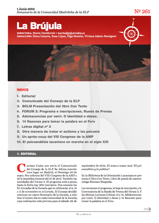 Portada de La Brújula, Revista Digital de la Escuela Lacaniana de Psicoanálisis ELP Comunidad de Madrid