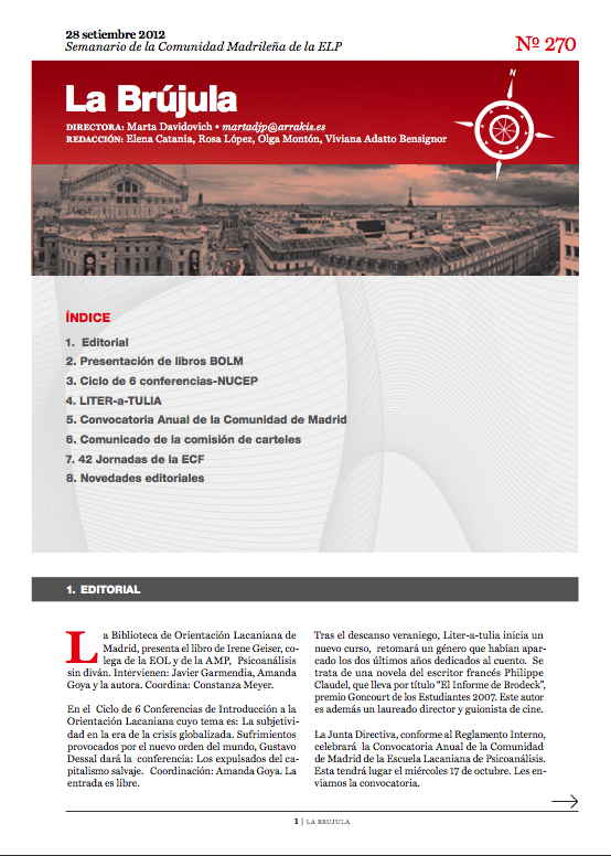 Portada de La Brújula, Revista Digital de la Escuela Lacaniana de Psicoanálisis ELP Comunidad de Madrid