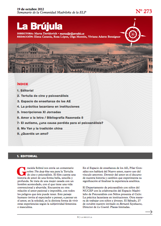 Portada de La Brújula, Revista Digital de la Escuela Lacaniana de Psicoanálisis ELP Comunidad de Madrid