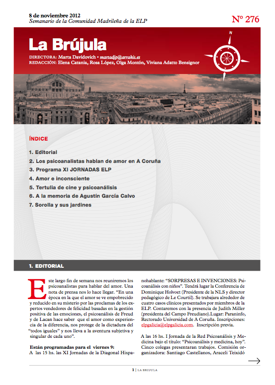 Portada de La Brújula, Revista Digital de la Escuela Lacaniana de Psicoanálisis ELP Comunidad de Madrid