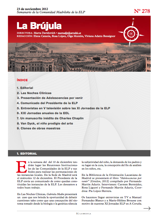 Portada de La Brújula, Revista Digital de la Escuela Lacaniana de Psicoanálisis ELP Comunidad de Madrid