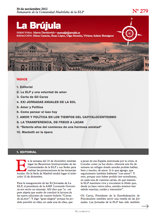 Portada de La Brújula, Revista Digital de la Escuela Lacaniana de Psicoanálisis ELP Comunidad de Madrid