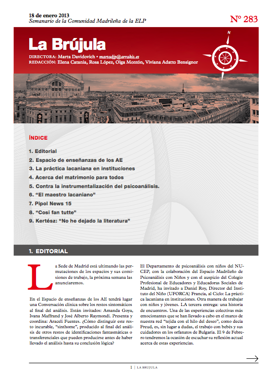 Portada de La Brújula, Revista Digital de la Escuela Lacaniana de Psicoanálisis ELP Comunidad de Madrid