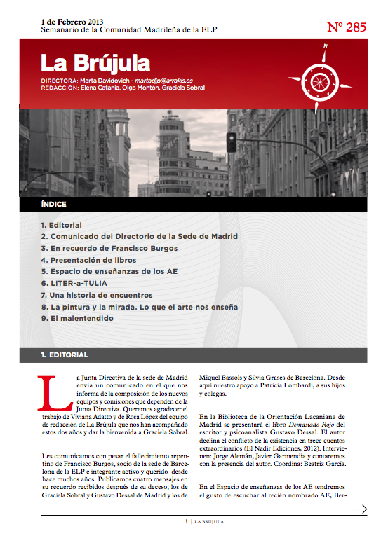 Portada de La Brújula, Revista Digital de la Escuela Lacaniana de Psicoanálisis ELP Comunidad de Madrid