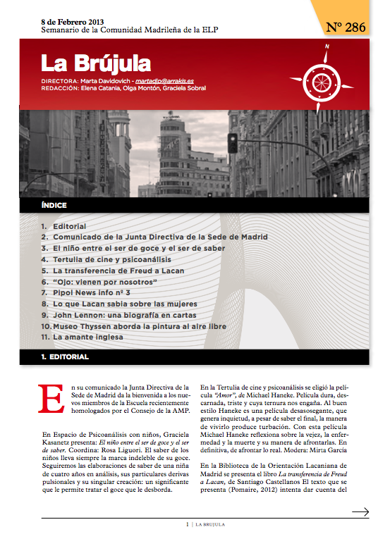 Portada de La Brújula, Revista Digital de la Escuela Lacaniana de Psicoanálisis ELP Comunidad de Madrid