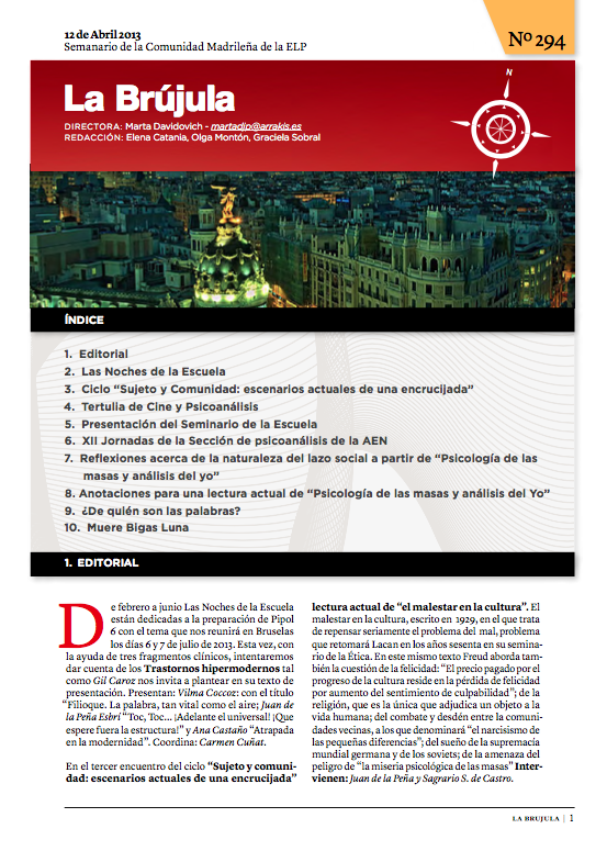 Portada de La Brújula, Revista Digital de la Escuela Lacaniana de Psicoanálisis ELP Comunidad de Madrid